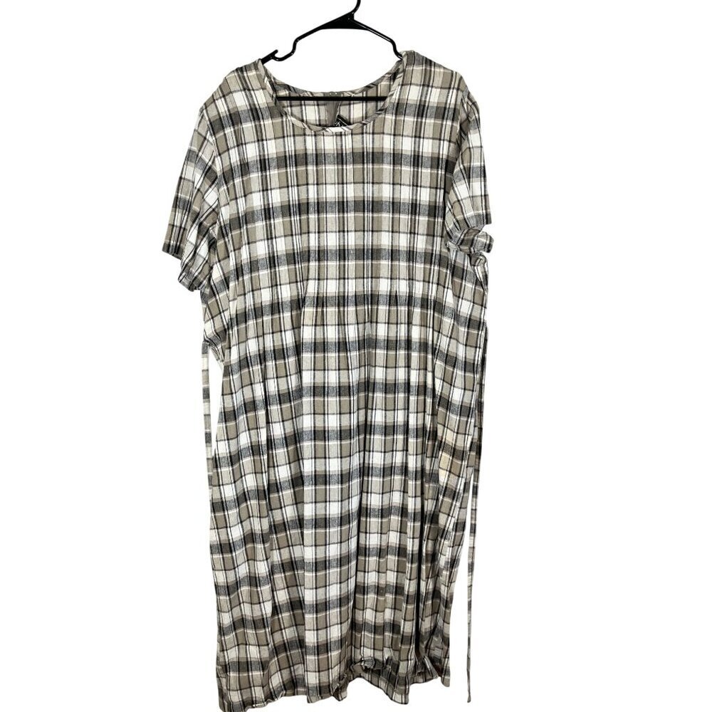 Retro Linen Plaid Dress Tan 22 Neutral‎ Festive Holiday Classic Chic Preppy 80s